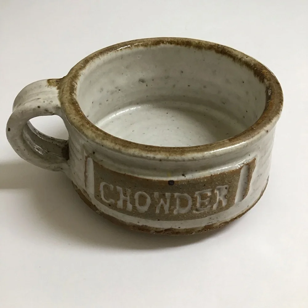Handmade Studio Pottery Chowder Bowl Handle Natural Speckled Glaze Rustic Cabin